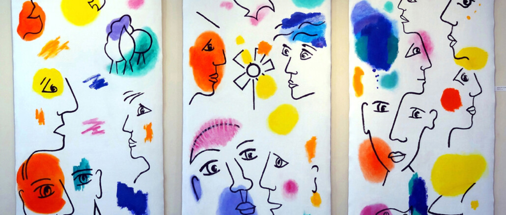Chantal Dufour, « Entre ciel et mer », 2014, trittico, acrilico su tela, 3 x (200 x 80 cm). Un'opera monumentale che esplora la fluidità del paesaggio e dell'astrazione.