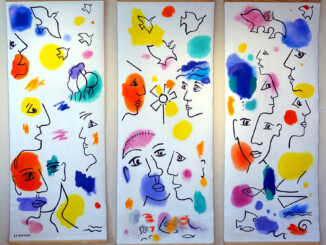 Chantal Dufour, « Entre ciel et mer », 2014, trittico, acrilico su tela, 3 x (200 x 80 cm). Un'opera monumentale che esplora la fluidità del paesaggio e dell'astrazione.