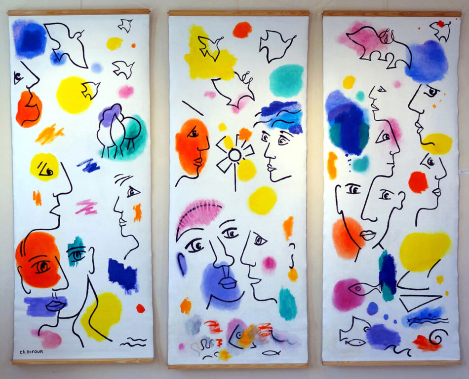 Chantal Dufour, « Entre ciel et mer », 2014, trittico, acrilico su tela, 3 x (200 x 80 cm). Un'opera monumentale che esplora la fluidità del paesaggio e dell'astrazione.