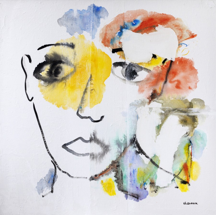 Chantal Dufour, “Visage-paysage”, 2024, inchiostro su carta riportata su tela, 80 x 80 cm. Opera esposta a Parigi che riassume la sintesi perfetta tra volto e astrazione grafica.