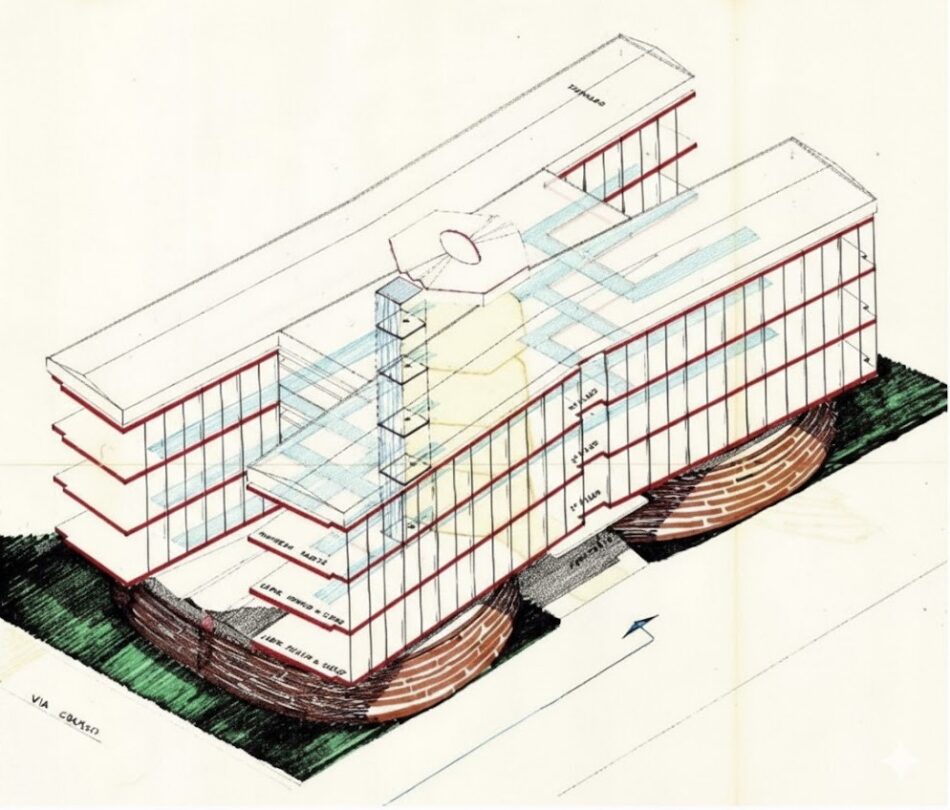 Disegno tecnico in assonometria dell edificio della Provincia di Pesaro Urbino di Filiberto Sbardella Archivio ufficiale