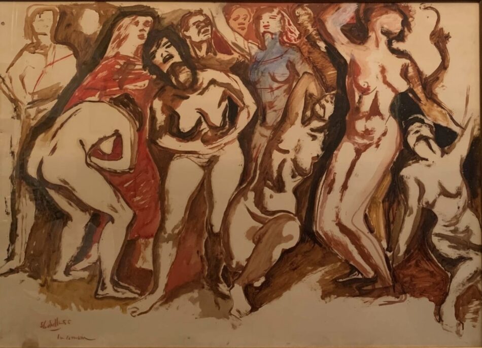 Dipinto La lussuria 1955 tecnica mista su cartoncino di Filiberto Sbardella esposto alla Galleria Multiverso