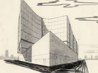 Disegno di architettura prospettico a matita con volumi geometrici e linee curve di Filiberto Sbardella
