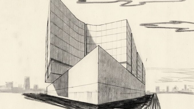 Disegno di architettura prospettico a matita con volumi geometrici e linee curve di Filiberto Sbardella