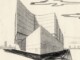 Disegno di architettura prospettico a matita con volumi geometrici e linee curve di Filiberto Sbardella