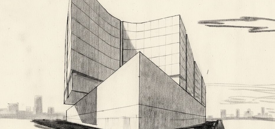 Disegno di architettura prospettico a matita con volumi geometrici e linee curve di Filiberto Sbardella