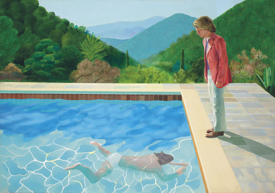 David Hockney dipinto Portrait of an Artist Pool with Two Figures uomo in giacca rosa guarda un nuotatore in piscina