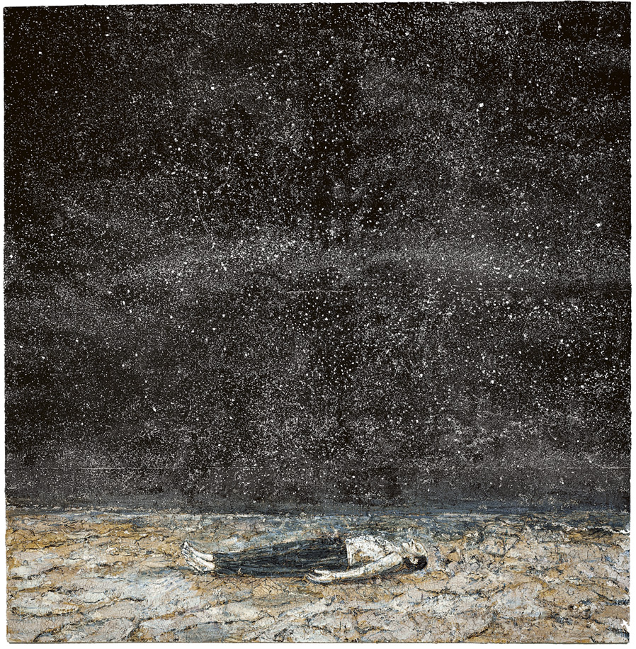 Anselm Kiefer dipinto Le celebri ordinanze della notte uomo disteso sotto il firmamento di stelle citato in Planetario di Plinio Perilli